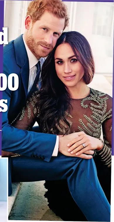  ??  ?? Sheer elegance: Meghan poses with Harry in one of their official engagement portraits released yesterday. Left: The dress as seen on the catwalk last year