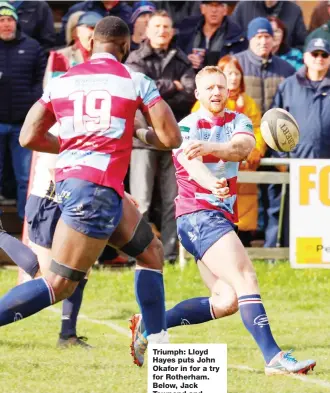  ?? PICTURES: Gareth lyons ?? Triumph: Lloyd Hayes puts John Okafor in for a try for Rotherham. Below, Jack Townend and Jack Bergmanas celebrate