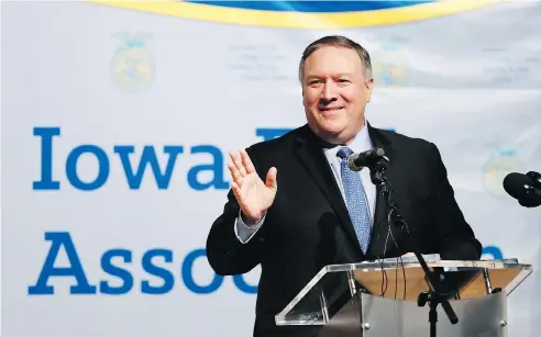  ?? CHARLIE NEIBERGALL / THE ASSOCIATED PRESS ?? U.S. Secretary of State Mike Pompeo said in Iowa he hoped a U.s.-china trade deal could be reached in coming weeks.