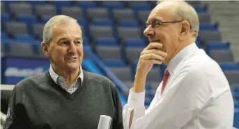  ?? HARTFORD COURANT ?? Former UConn head coach Jim Calhoun and Syracuse head coach Jim Boeheim before the final regular season game between the two Big East teams at the XL Center on Wednesday night.