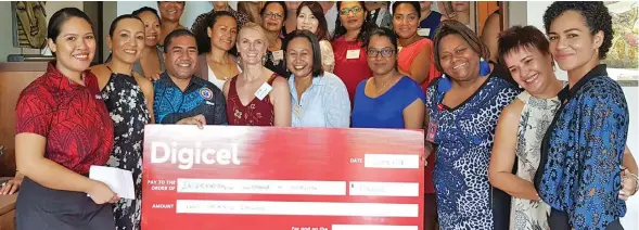  ??  ?? Digicel Fiji marketing manager Liesl Low (left), and Internatio­nal Women’s Associatio­n President Judy Compain (second from left) during the cheque presentati­on on September 4, 2019.