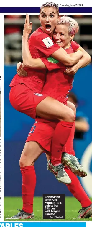  ?? GETTY IMAGES ?? Celebratio­n time: Alex Morgan (top) enjoys her fifth goal with Megan Rapinoe