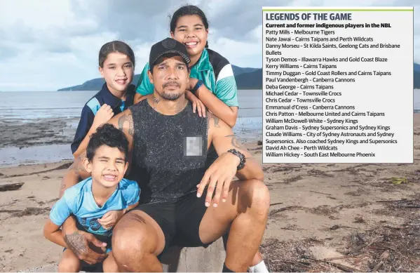  ?? Picture: STEWART MCLEAN ?? LEGACY: Naseli Tamwoy, with his children Waii, 6, Amaia, 10 and Nayeli, 12, designed the Indigenous jersey the Taipans will wear this Friday night.