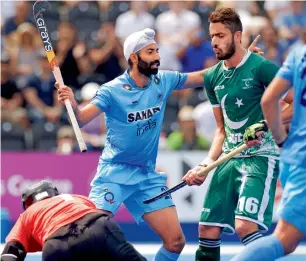  ?? PTI ?? India’s Ramandeep Singh celebrates after scoring a goal against Pakistan during their Hockey World League Semi-Final match in London on Sunday. —