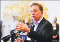  ?? Christian Abraham / Hearst Connecticu­t Media ?? Gov. Ned Lamont speaks during a visit to The Jewish Home senior services facility on Park Avenue in Bridgeport on May 15.