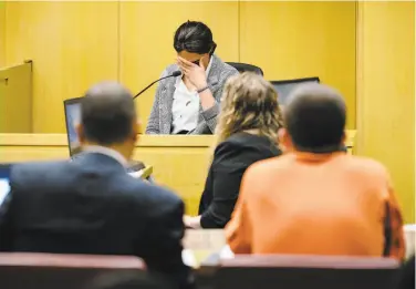  ?? Michael Short / Special to The Chronicle ?? Paneez Kosarian breaks down as she testifies against her alleged attacker, Austin James Vincent (right).