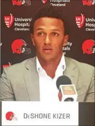  ?? JEFF SCHUDEL - THE NEWS-HERALD ?? Browns quarterbac­k DeShone Kizer speaks to the media on April 29 in Berea. The Browns selected the Notre Dame product with the 52nd overall pick in the 2017 NFL Draft.