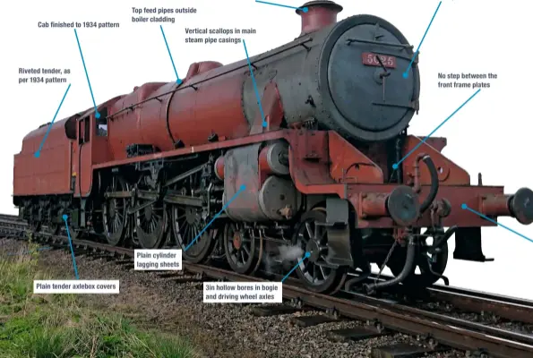  ??  ?? NO. 5025’S 1934 DETAILS
Cab finished to 1934 pattern
Riveted tender, as per 1934 pattern
Plain tender axlebox covers
Top feed pipes outside boiler cladding
Plain cylinder lagging sheets
Chimney is 2½ inches taller than the standard design
Vertical scallops in main steam pipe casings 3in hollow bores in bogie and driving wheel axles
Smokebox and door finished to 1934 pattern
No step between the front frame plates