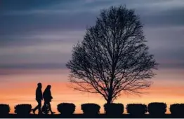  ?? CHARLIE RIEDEL/AP 2020 ?? A couple take a sunset stroll at a park in Kansas City, Missouri. Data show an expected baby boom due to the coronaviru­s pandemic never materializ­ed.