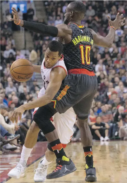  ?? — THE CANADIAN PRESS FILES ?? Raptors guard Kyle Lowry buried his first six three-point attempts Friday against the Hawks, but was more concerned with the two he missed in Toronto’s 125-121 loss.