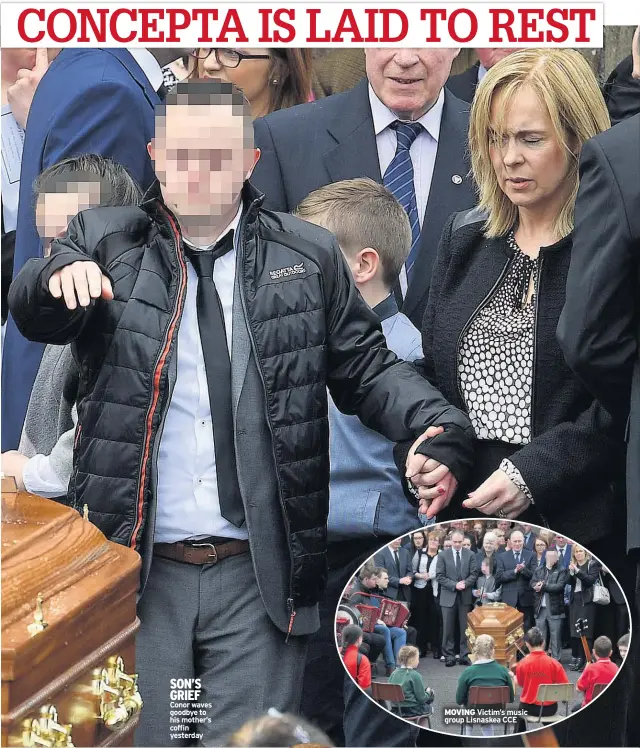  ??  ?? SON’S GRIEF Conor waves goodbye to his mother’s coffin yesterday MOVING Victim’s music group Lisnaskea CCE