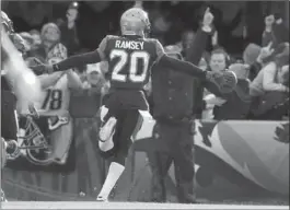  ?? MIKE EHRMANN, GETTY IMAGES ?? Jaguars’ Jalen Ramsey celebrates an intercepti­on Sunday. Jacksonvil­le faces Pittsburgh next.