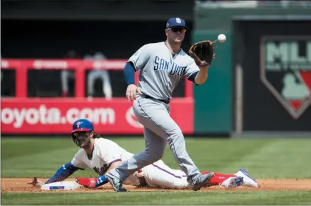  ?? AP PHOTO/MATT ROURKE ?? Philadelph­ia Phillies’ Bryce Harper, bottom, advances to second base on a wild pitch ahead of the throw to San Diego Padres’ Ty France during the second inning of Sunday’s game in Philadelph­ia.