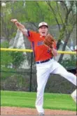  ?? KYLE MENNIG – ONEIDA DAILY DISPATCH ?? Oneida’s Henry Froass (6) makes a jumping throw to try and retire a Cortland batter at first.