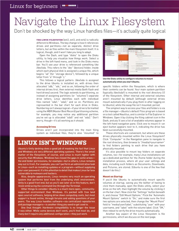  ??  ?? Use the Disks utility to configure volumes to mount automatica­lly when you start Ubuntu.