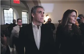  ?? GETTY IMAGES ?? Donald Trump’s former lawyer, Michael Cohen, arrives with his attorney, Danya Perry, at Trump’s civil fraud trial at New York State Supreme Court last October. Cohen is a key witness in Trump’s current criminal trial, over the alleged payment of hush money to adult film actress Stormy Daniels.