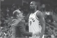  ?? CHRIS YOUNG/THE CANADIAN PRESS ?? Raptors coach Nick Nurse could use Serge Ibaka as a starter or coming off the bench, but based on pre-season action, the big man will see more time at centre than he did last season.