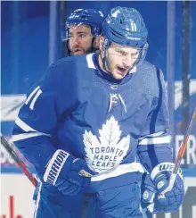  ?? USA TODAY SPORTS ?? Toronto Maple Leafs forward Zach Hyman, seen here reacting after scoring against the Calgary Flames on April 13, will miss at least a couple of weeks with a knee injury.