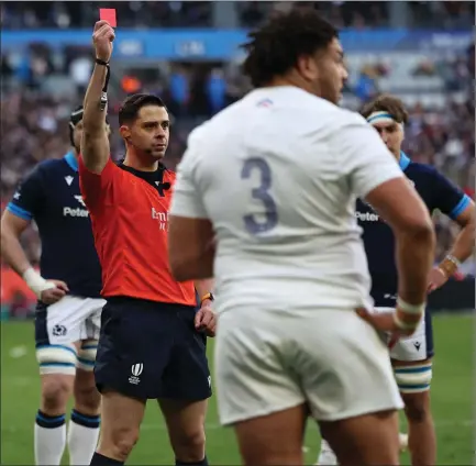  ?? ?? Mohamed Haouas is given a red card during France’s match against Scotland in Paris