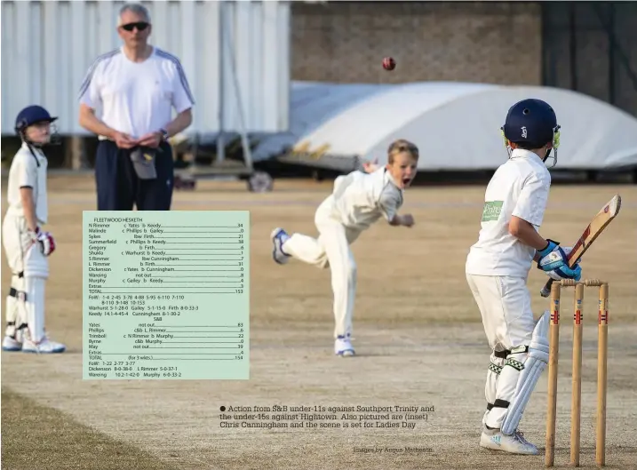  ?? Images by Angus Matheson ?? Action from S&B under-11s against Southport Trinity and the under-15s against Hightown. Also pictured are (inset) Chris Cunningham and the scene is set for Ladies Day