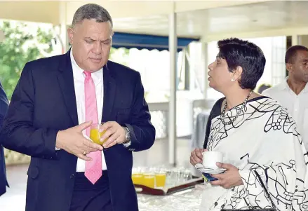  ?? Photo: DEPTFO News ?? From left: Fijian High Commission­er to the United Kingdom Jitoko Tikolevu and Fiji’s Permanent Representa­tive to the United Nations in Geneva Ambassador Nazhat Shameem Khan during the Ministry of Foreign Affairs Heads of Missions meeting at the Grand Pacific Hotel on April 6, 2017.