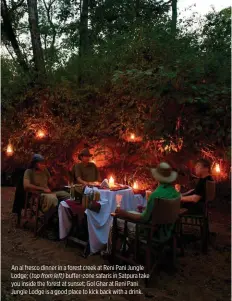  ??  ?? An al fresco dinner in a forest creek at Reni Pani Jungle Lodge; ( top from left) buffer-zone safaris in Satpura take you inside the forest at sunset; Gol Ghar at Reni Pani Jungle Lodge is a good place to kick back with a drink.