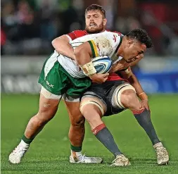  ?? Dan Mullan/getty Images ?? Ed Slater tackles Motu Matu’u of London Irish at Kingsholm last year