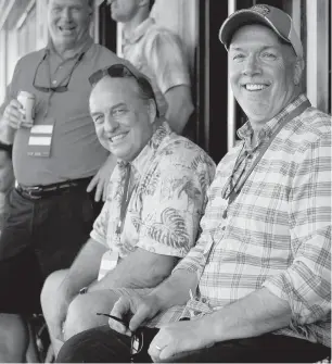  ??  ?? B.C. Green Party Leader Andrew Weaver and B.C. NDP Leader John Horgan take in the final between Team Canada and New Zealand at the HSBC Canada Women’s Sevens rugby tournament at Westhills Stadium on Sunday.