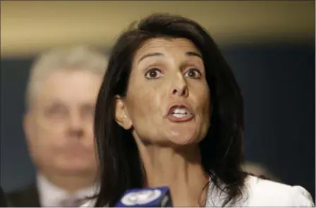  ?? SETH WENIG — THE ASSOCIATED PRESS ?? United States Ambassador to the United Nations Nikki Haley speaks to reporters outside the General Assembly at U.N. headquarte­rs. Haley said Sunday in an interview aired Sunday on ABC’s “This Week” there’s no question Russia was involved in the U.S....