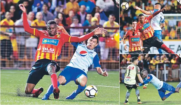  ??  ?? (1) Kevin López se barre intentando tomar la pelota, pero no lo consigue. (2) La Perra Castellano­s pelea por arriba por el control del esférico. (3) Rubilio Castillo, el delantero de los motagüense­s, no tuvo ninguna opción clara de gol.