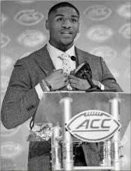  ?? Jim Dedmon-USA TODAY Sports ?? Georgia Tech Yellow Jackets defensive back Juanyeh Thomas speaks to the media during the ACC Kickoff at The Westin Charlotte on July 21 in Charlotte, N.C.