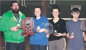 ??  ?? At the County Club Badminton tournment in Tralee Sport's Centre last Sunday were, from left, the Division 4 winners Jer O'connor (Iveragh), Maeve Twomey (Killarney), and the runners-up Grace Stack (County), Padraig Mccarthy (Killarney).