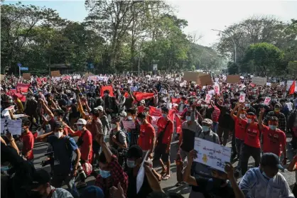  ?? Photograph: Ye Aung Thu/AFP/Getty Images ?? Thousands of people gathered in Yangon on Sunday for a second straight day of demonstrat­ions against the country’s military.