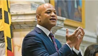  ?? KIM HAIRSTON/BALTIMORE SUN ?? Gov. Wes Moore delivers his first State of the State address Feb. 4 in the House of Delegates chamber at the State House in Annapolis. Moore continues efforts to launch a program that allows all high school graduates in Maryland to participat­e in a paid year of service.