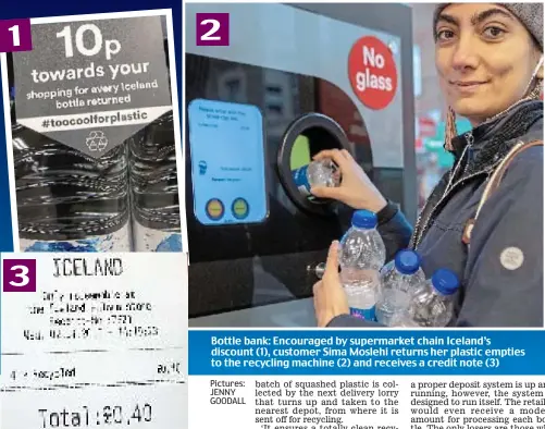  ?? Pictures: JENNY GOODALL ?? Bottle bank: Encouraged by supermarke­t chain Iceland’s discount (1), customer Sima Moslehi returns her plastic empties to the recycling machine (2) and receives a credit note (3)