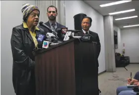  ?? Leah Millis / The Chronicle ?? Cleo Moore, the mother of Sean Moore, who was shot by police officers, speaks in January. Family members say Sean Moore suffered from mental illness.