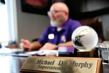  ?? (The Sentinel-record/lance Brownfield) ?? Fountain Lake Superinten­dent Michael Murphy’s name plate sits on his desk Tuesday as he discusses the impact of the LEARNS Act on district salary schedules.
