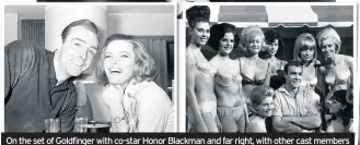  ??  ?? On the set of Goldfinger with co-star Honor Blackman and far right, with other cast members