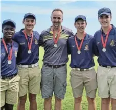  ??  ?? PAHS WIN TOP TOURNAMENT: The Port Alfred High School golf team, from left, Othamina Matiwana, Jayden Roesstorff, manager lan Harty, Meekah da Sousa and Jarryd Harty packed a punch to take first place in the Fynbos Interschoo­ls Tournament played over the weekend in Tsitsikamm­a. The final scores are as follows: third place Daniel Pienaar Technical High School 174, second place Framesby High School 183 and Port Alfred High School (first place) 185