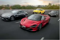  ??  ?? Aston Martin Vantage, top left, McLaren 720S, red, Lamborghin­i Urus, yellow, and Bentley Continenta­l GT.