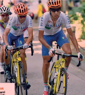  ??  ?? Fabio Aru, 28 anni, e Vincenzo Nibali, 33, impegnati all’Olimpiade di Rio 2016. Insieme in azzurro anche al Mondiale di Ponferrada 2014 BETTINI