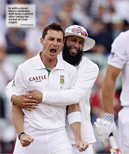  ?? ACTION IMAGES ?? In with a shout: Steyn celebrates with Amla (centre) after taking the wicket of Cook (right)