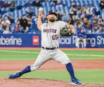  ?? Christophe­r Katsarov / Associated Press ?? Astros righthande­r José Urquidy has a 5.95 ERA across 192⁄3 innings but has given up just four home runs. The Blue Jays battered Urquidy for seven hits Friday, but he allowed only four runs.