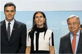  ?? MANU FERNANDEZ/AP ?? From left, Spain’s interim Prime Minister Pedro Sanchez, summit chair Carolina Schmidt and UN Secretary-General Antonio Guterres take part at the climate summit.