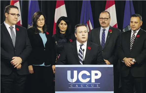  ?? IAN KUCERAK ?? United Conservati­ve Party Leader Jason Kenney announced his leadership team at the Alberta legislatur­e on Monday. From left: Jason Nixon as Opposition house leader, Angela Pitt as deputy house leader, Leela Aheer as deputy leader, Ric McIver as chief whip and Prab Gill as deputy whip.