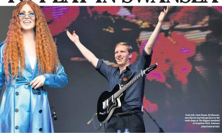  ?? JONATHAN MYERS ?? From left, Liam Payne, Ed Sheeran, Jess Glynne and George Ezra on the main stage at The Biggest weekend at Singleton Park, Swansea