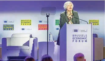  ?? AP Photo/Olivier Matthys ?? U.S. Treasury Secretary Janet Yellen delivers the Tommaso Padoa Schioppa Lecture at the Brussels Economic Forum 2022 on May 17 in Brussels. Yellen focussed on the way forward for the global economy in the wake of Russia’s invasion of Ukraine, and discussed the unmet challenges that would benefit from multilater­al cooperatio­n in the years ahead.