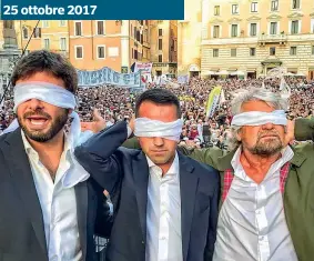  ??  ?? Sul palco Alessandro Di Battista (39 anni), Luigi Di Maio (31 anni) e Beppe Grillo (69 anni) a Roma contro il Rosatellum. Da allora è stata l’ultima manifestaz­ione del M5S con Grillo presente (Ansa)