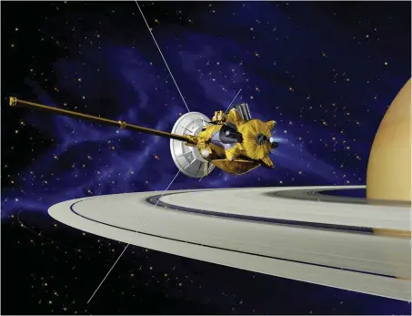  ?? Abb.: AFP/NASA ?? Die Computergr­afik der NASA zeigt die Raumsonde »Cassini« am Saturn.