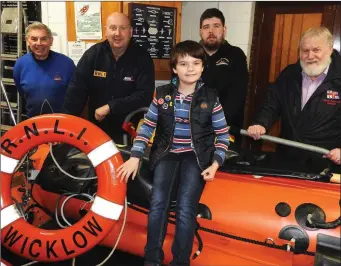  ?? (Photo: Wicklow RNLI). ?? John Hayden, Coxswain Nick Keogh, Ian Heffernan and Des Davitt of Wicklow RNLI with Harry Mascall during his visit to the station